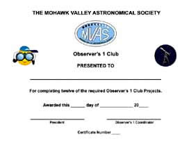 MVAS Observing Club 1 Certificate