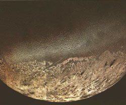 Triton, as seen by the Voyager 2 spacecraft. Image courtesy NASA/JPL